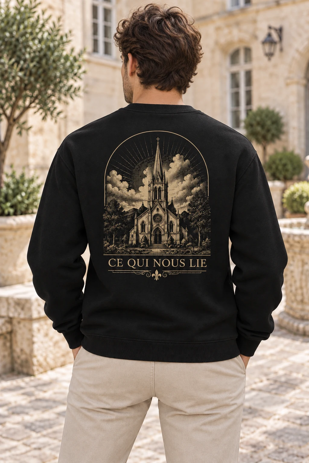 Sweat-shirt noir Ce qui nous lie porté de dos, imprimé au dos