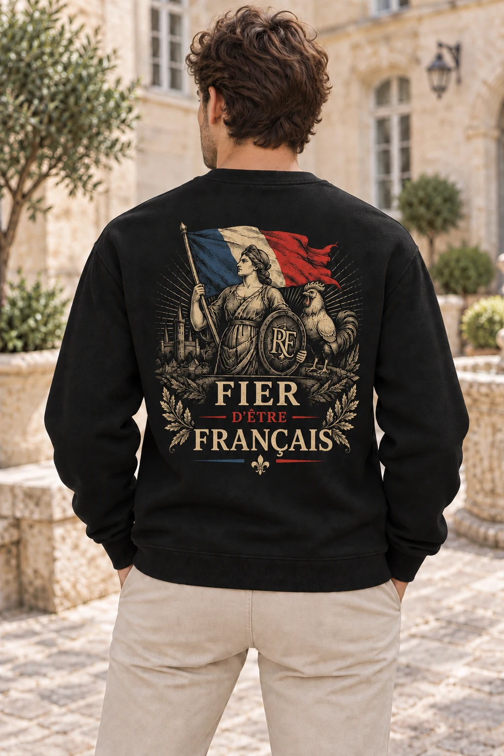 Sweat-shirt noir Fier d’être Français porté de dos, imprimé au dos