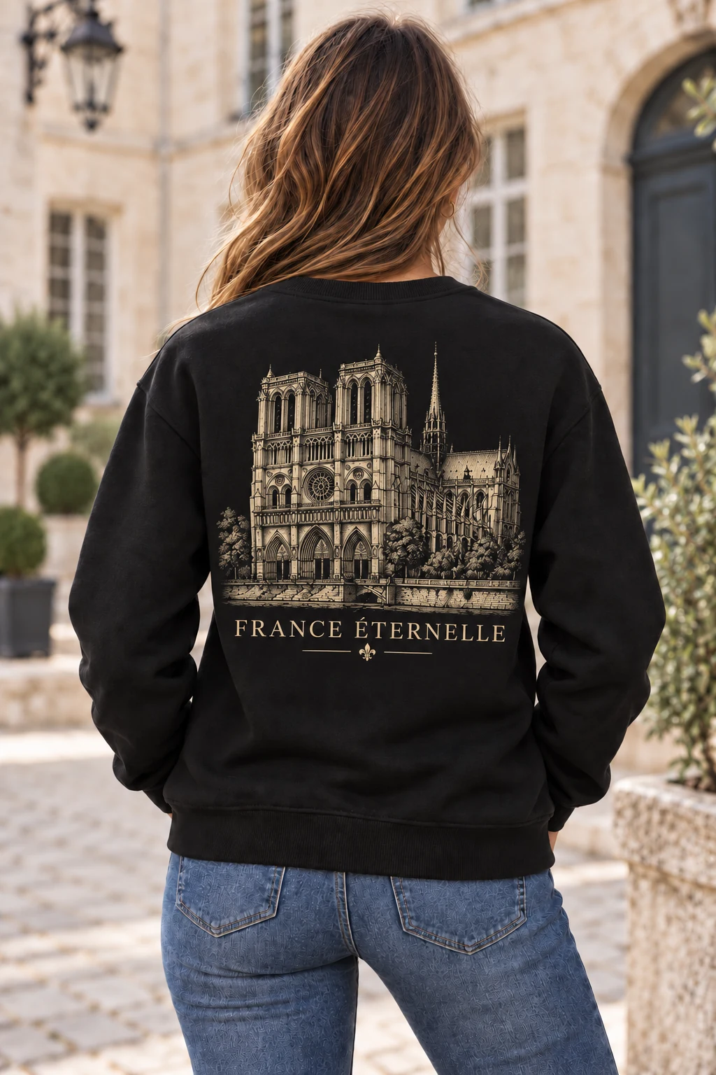 Sweat-shirt noir France éternelle porté de dos, imprimé au dos