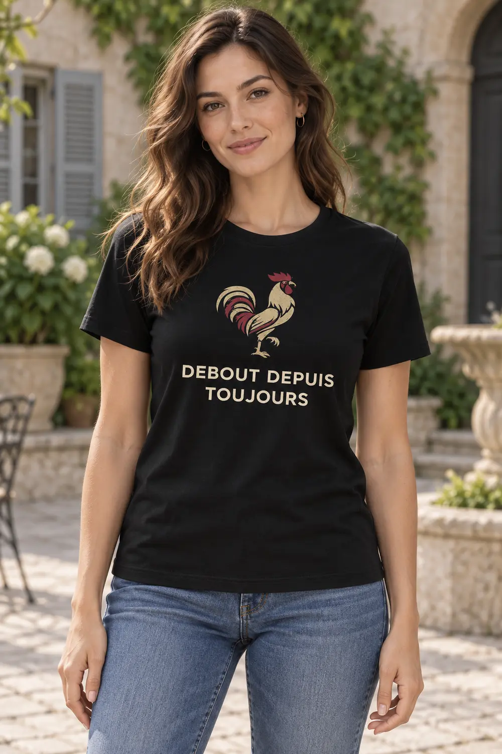 T-shirt noir Debout depuis toujours porté, vue de face