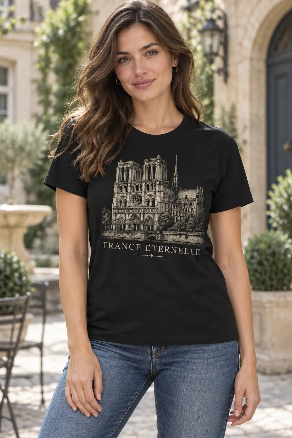 T-shirt noir France éternelle porté, vue de face