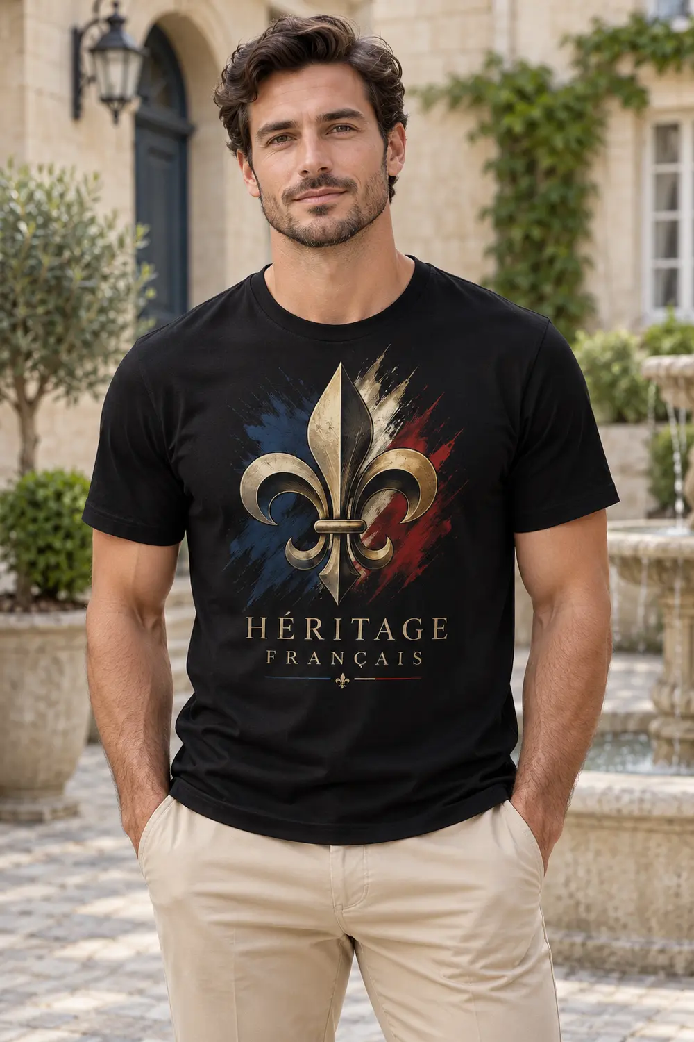 T-shirt noir Héritage Français porté, vue de face