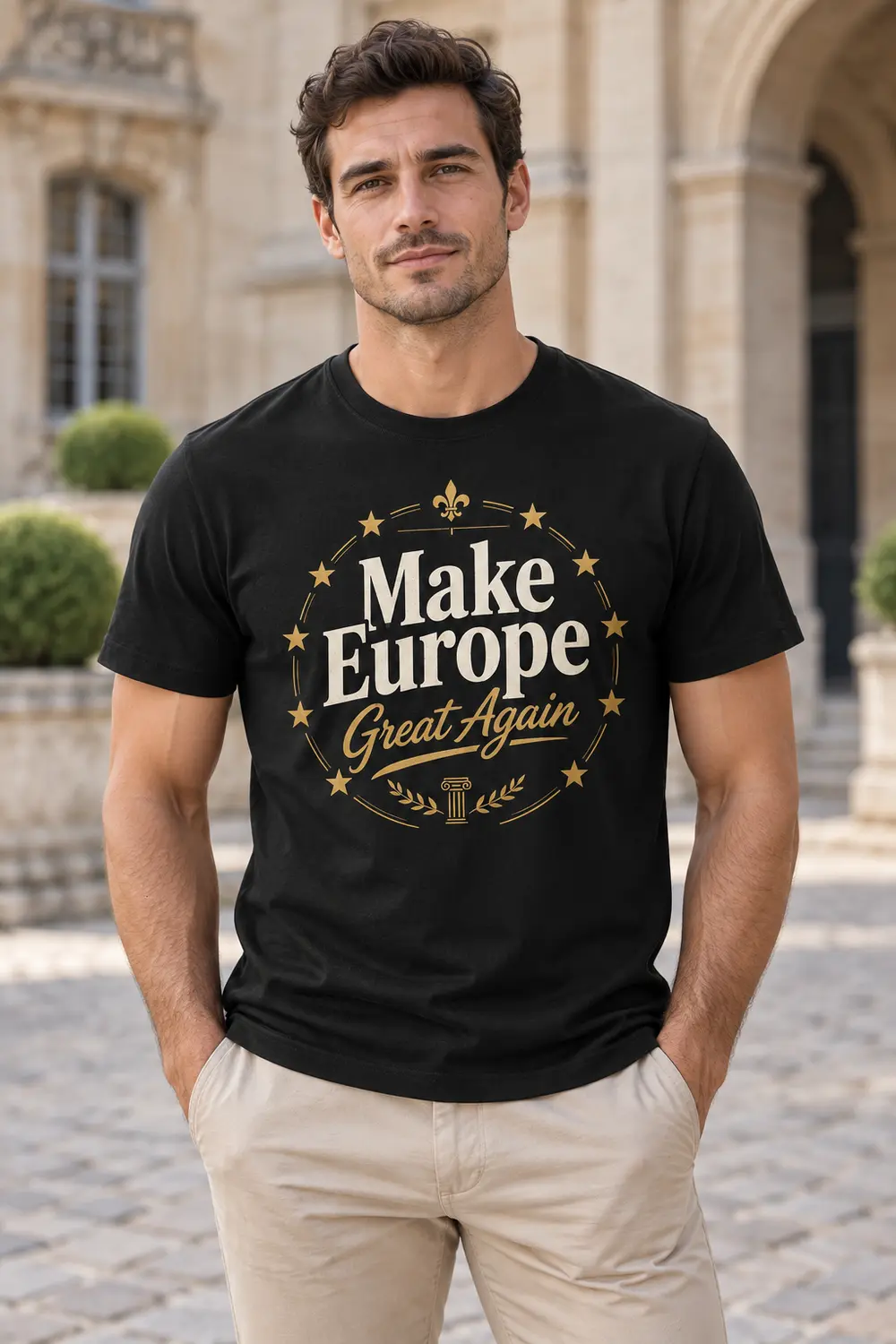 T-shirt noir Make Europe Great Again porté, vue de face
