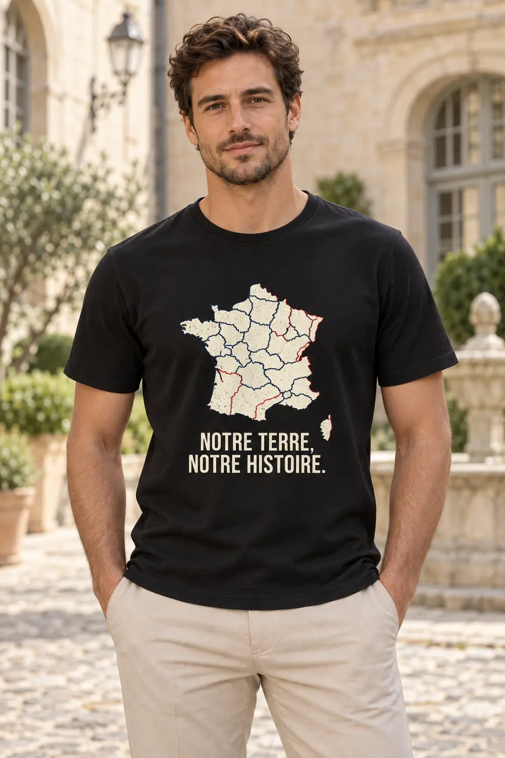 T-shirt noir Notre terre, notre histoire porté, vue de face